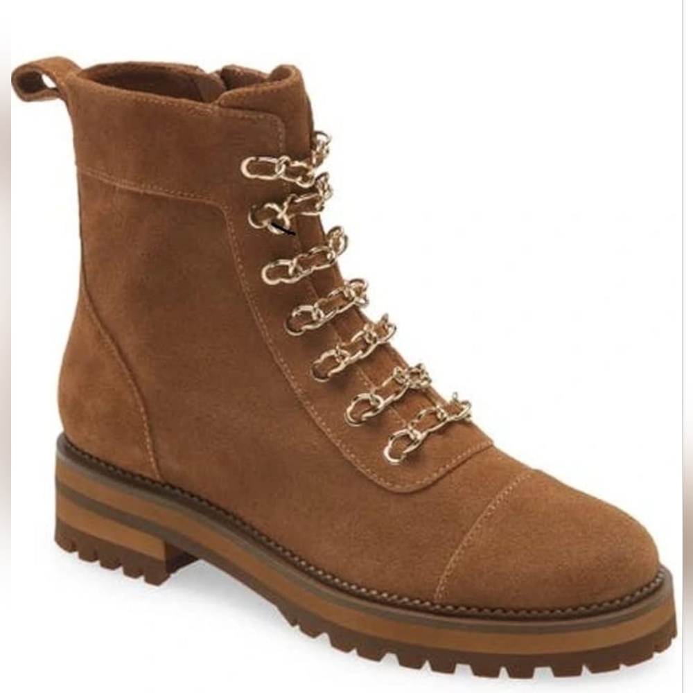 NWOB Cecelia New York Chance Boots Brown Suede Leather Gold Chain Size 9​​